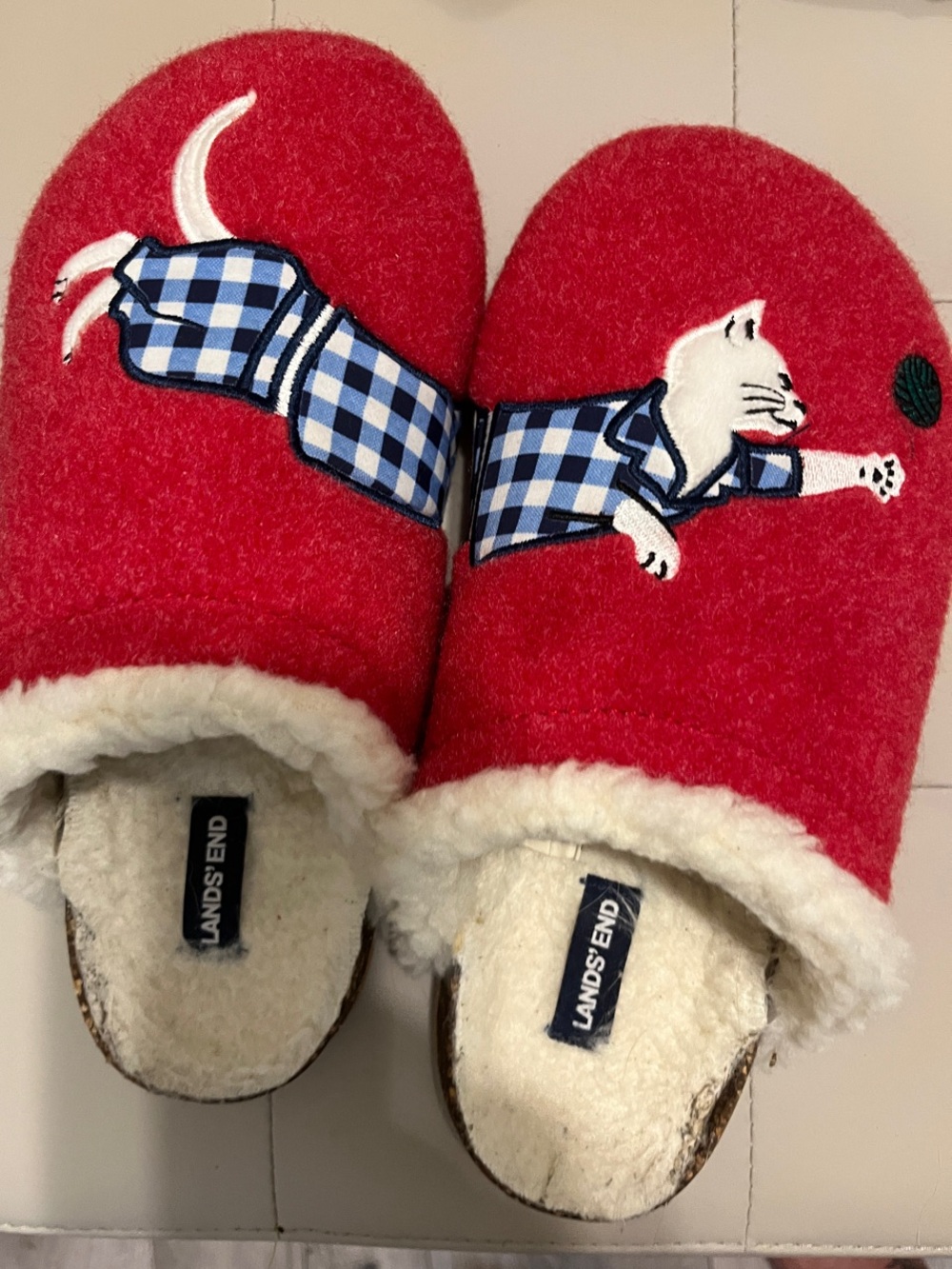 Lands' End Red Cat Plaid Pet Slippers with Blue Check Detail